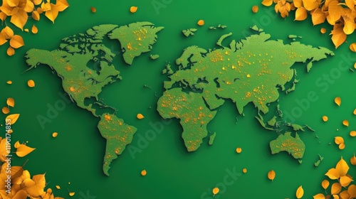 Vibrant Green World Map Surrounded by Autumn Leaves and Floral Accents Representing Global Nature and Environmental Themes photo