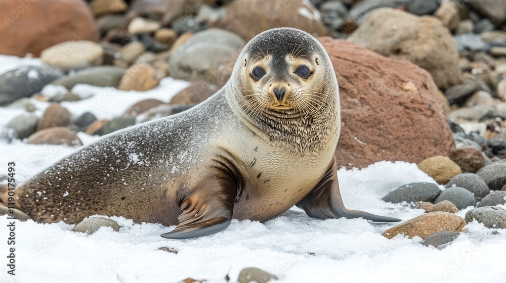 Fototapeta premium Young Antarctic fur seal resting on snow-covered ground, King George Island, surrounded by rocks and the vast Antarctic landscape