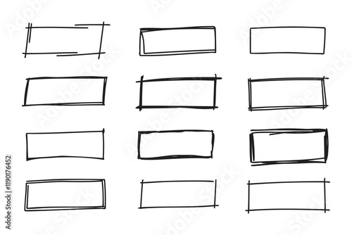 Hand drawn doodle vector rectangle frames. Grungy scribble rectangle frames. Doodle geometric borders. Pen ink empty black text boxes set. 
