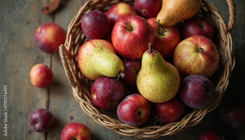 Fresh apples, pears, and plums in basket. Concept of healthy eating, organic food, and harvest.