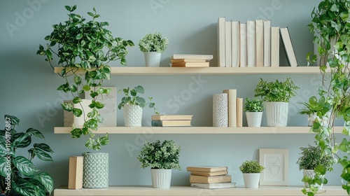 Elegant Virtual Background for Online Presentations: Stylish Meeting Room with Shelves and Green Plants for Teams and Zoom Calls