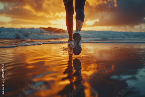 Low angle view of a woman jogging along the beach at sunset