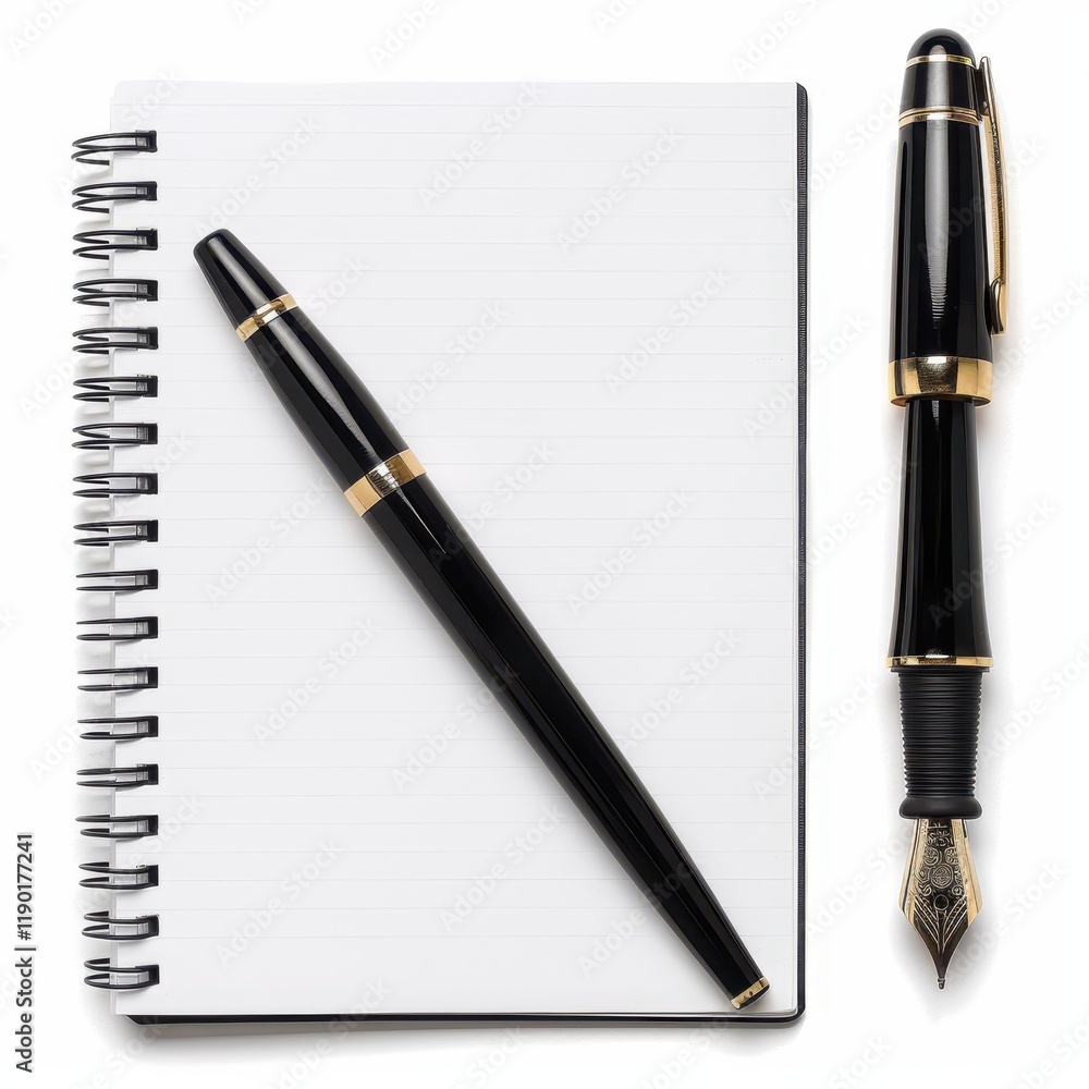 A detailed view of a pen resting on an open notebook, set against a clean white background, emphasizing a writing theme. A detailed view of a pen resting on an open notebook, set against a clean white background, emphasizing a writing theme.
