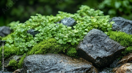 Lush green ground cover and moss growing amongst the wet stones creates an enchanting micro landscape photo