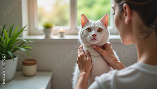 Woman gently brushing her white cat in soft light at home, creating a calm and affectionate atmosphere photo