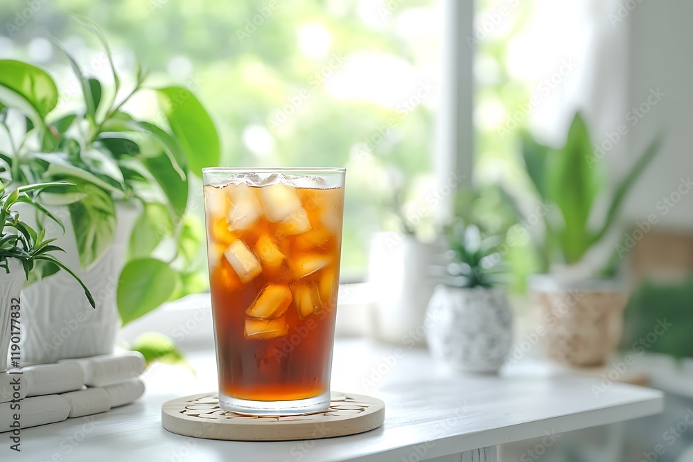Refreshing orange cocktail with ice cubes and mint in a glass on the windowsill Refreshing orange cocktail with ice cubes and mint in a glass on the windowsill