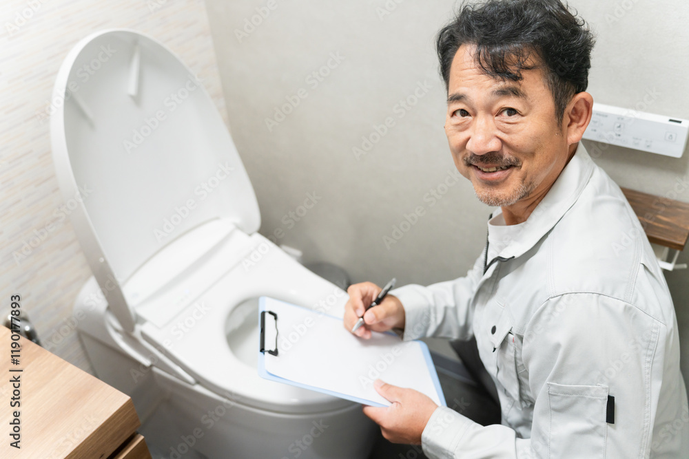 Fototapeta premium トイレの点検をする修理業者 ライフスタイルイメージ