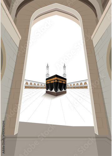 HAJJ. Kaaba Vector for Hajj Mabroor in Mecca Saudi Arabia. Hajj Mabrour And The Holy Mecca Greeting Islamic Illustration Background.  Muslim people are praying in Hajj. World tourism day