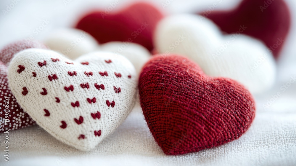 Obraz premium A collection of colorful knitted hearts displayed neatly on a white background, showcasing craftsmanship and creativity in textile art.