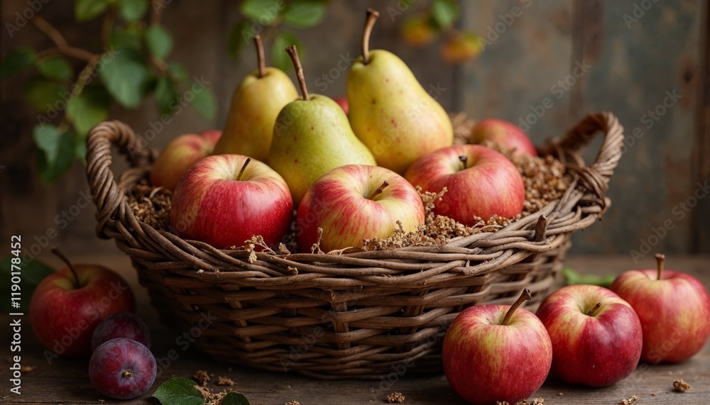 Apples and Pears in Rustic Basket Apples and Pears in Rustic Basket