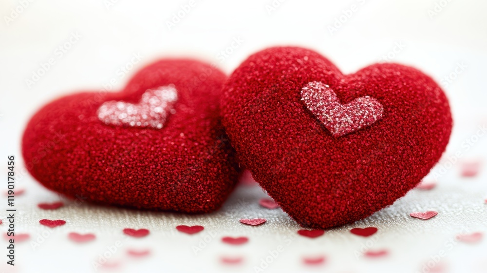 Two vibrant red hearts rest on a table, symbolizing love and affection in a simple yet striking display. Two vibrant red hearts rest on a table, symbolizing love and affection in a simple yet striking display.