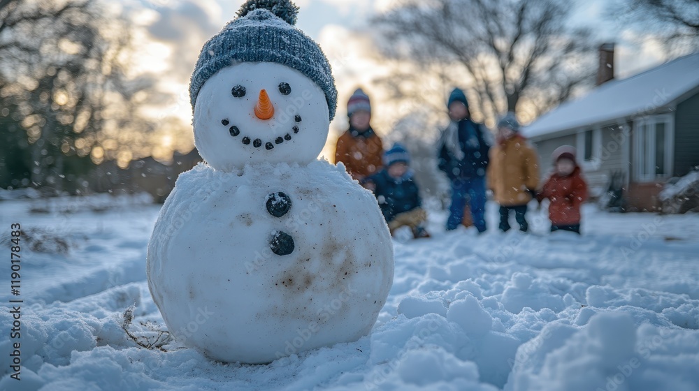 Obraz premium A family building a snowman in their backyard.