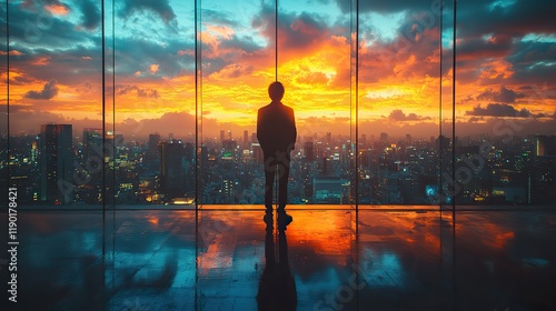A silhouette of a man thinking against a cityscape backdrop represents corporate communication and entrepreneurial spirit