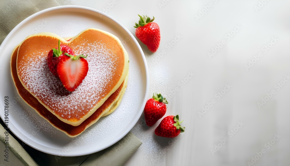 Heart-shaped pancakes with strawberry topping on a white plate. pancakes with strawberries isolated on white background. Heart-shaped pancakes with strawberry topping on a white plate. pancakes with strawberries isolated on white background.