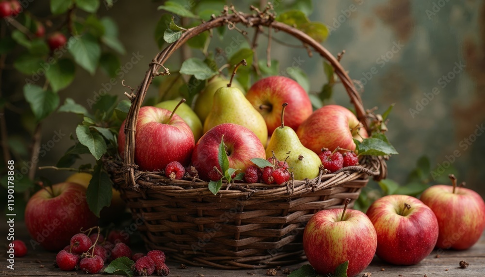 Autumn Harvest, Apples, Pears, and Raspberries in a Basket Autumn Harvest, Apples, Pears, and Raspberries in a Basket