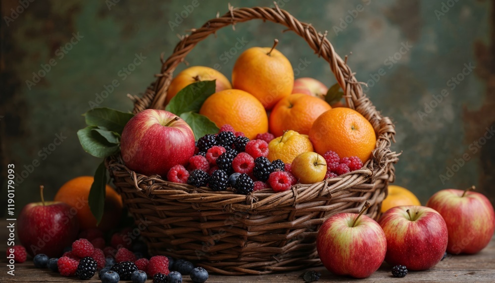 Fruit Basket with Apples, Oranges, Raspberries, and Blackberries Fruit Basket with Apples, Oranges, Raspberries, and Blackberries