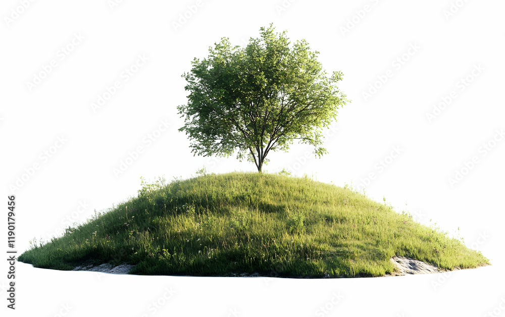 Fototapeta premium Lone tree hill, sunlit grass, isolated, environmental