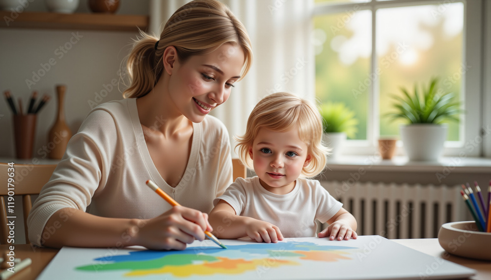 Mother and child joyfully painting together in a bright art studio, celebrating creativity on Mother's Day Mother and child joyfully painting together in a bright art studio, celebrating creativity on Mother's Day