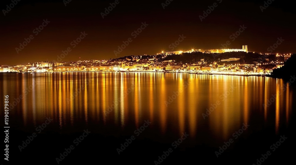 Night reflections of the Vasco da Gama Bridge lights shimmering on the Tagus River, with the urban landscape of Lisbon in the background Night reflections of the Vasco da Gama Bridge lights shimmering on the Tagus River, with the urban landscape of Lisbon in the background