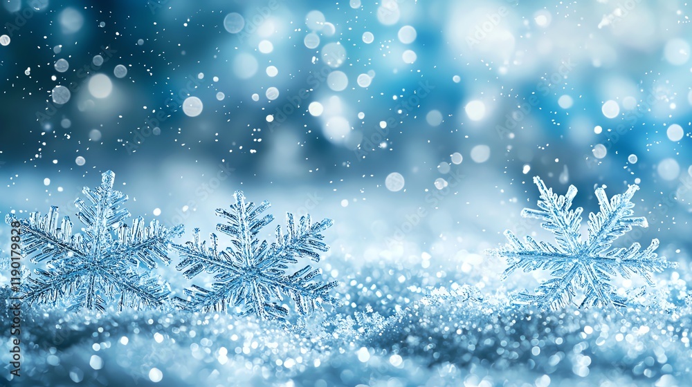 A serene winter scene featuring delicate snowflakes on a glistening surface, surrounded by soft blue tones and shimmering light. A serene winter scene featuring delicate snowflakes on a glistening surface, surrounded by soft blue tones and shimmering light.