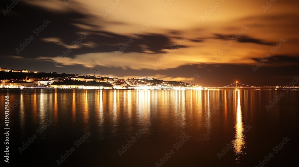 Night sky over the Vasco da Gama Bridge, with its lights casting a serene glow across the Tagus River and Lisbon's cityscape Night sky over the Vasco da Gama Bridge, with its lights casting a serene glow across the Tagus River and Lisbon's cityscape