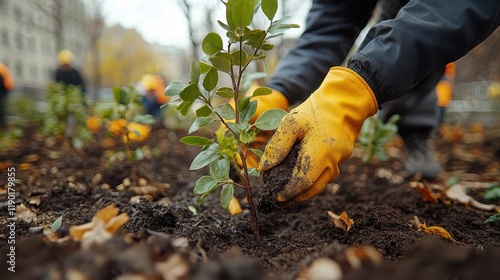 A group of activists planting trees in an urban park.