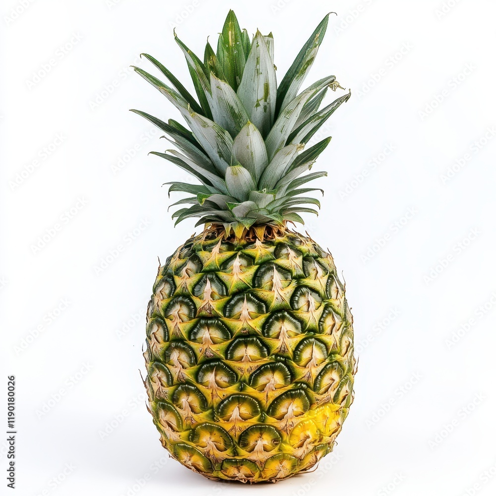A vibrant pineapple rests atop a clean white surface, showcasing its textured skin and leafy crown in a bright and fresh composition. A vibrant pineapple rests atop a clean white surface, showcasing its textured skin and leafy crown in a bright and fresh composition.