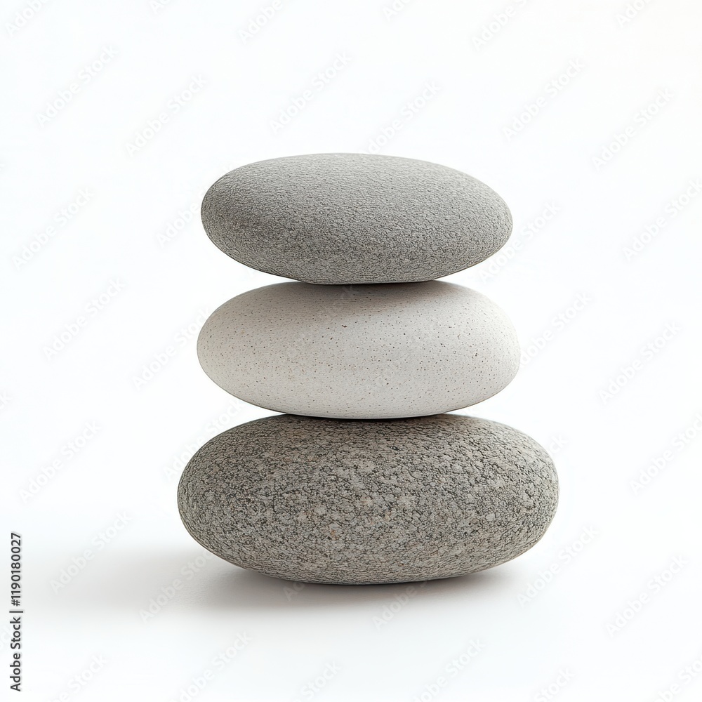Three smooth rocks are carefully stacked on top of each other, resting on a clean white surface, creating a minimalist and serene composition. Three smooth rocks are carefully stacked on top of each other, resting on a clean white surface, creating a minimalist and serene composition.