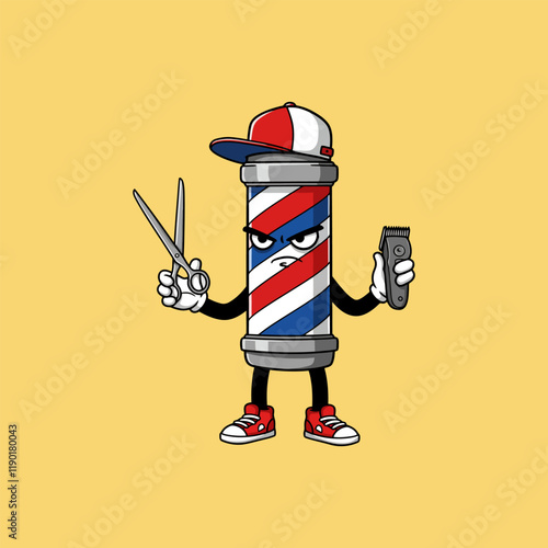 This illustration depicts a stylized barber pole mascot holding scissors and clippers, exuding a serious expression.