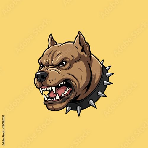 A snarling pitbull head illustration with a spiked collar, conveying aggression and power.