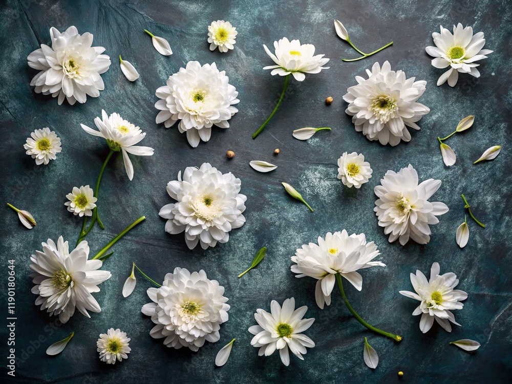 Obraz premium Abstract Floral Blackboard Background: White Flowers on Black Chalkboard - Aerial View