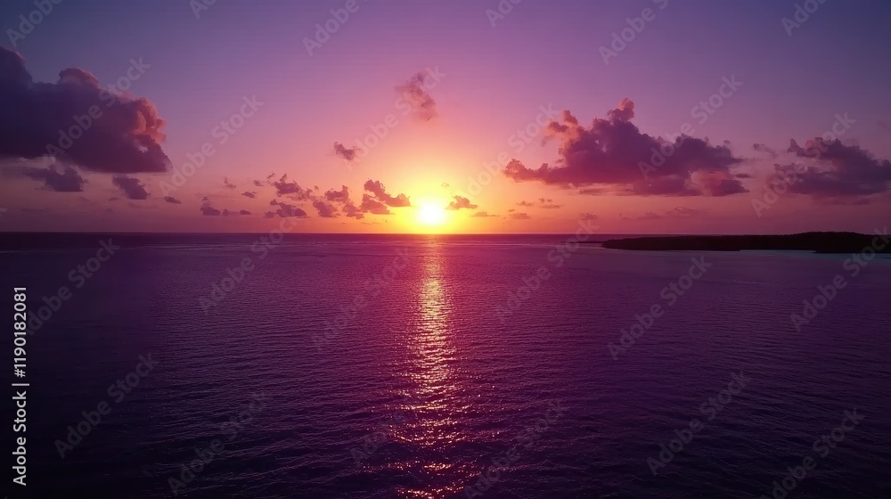Obraz premium Stunning sunset colors illuminating the sky with rich purples and reds, reflecting off the calm ocean and blending with the horizon.