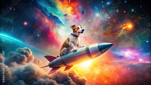 Adorable Dog Astronaut on Retro Rocket Ship - Double Exposure Stock Photo photo