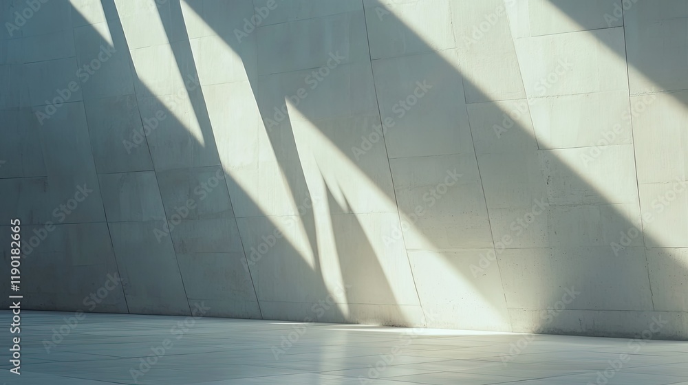 Obraz premium Sunlight shining through a modern light channel onto a clean white cement wall, casting soft, geometric shadows.