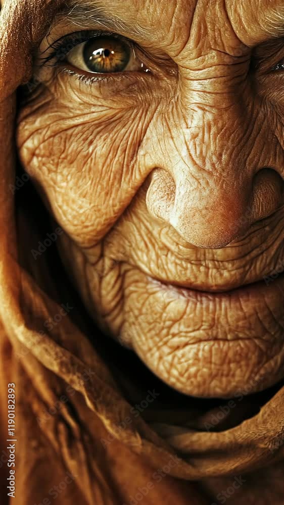 Elderly woman's expressive face showcasing deep wrinkles and a warm smile in warm lighting Elderly woman's expressive face showcasing deep wrinkles and a warm smile in warm lighting