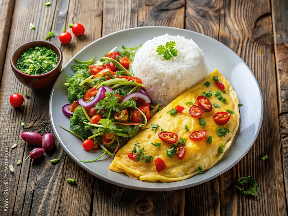 Aerial View: Thai Omelet with Jasmine Rice & Vegetable Salad on White Plate Aerial View: Thai Omelet with Jasmine Rice & Vegetable Salad on White Plate