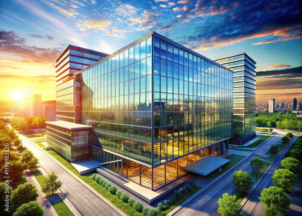 Obraz premium Aerial View Modern Office Building, Glass Facade, Drone Shot, 3D Render