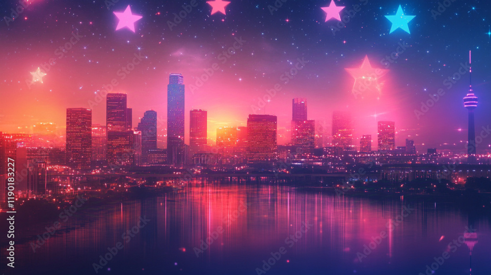 A futuristic cityscape with tall skyscrapers and a glowing sunset over a body of water, with colorful stars in the night sky A futuristic cityscape with tall skyscrapers and a glowing sunset over a body of water, with colorful stars in the night sky