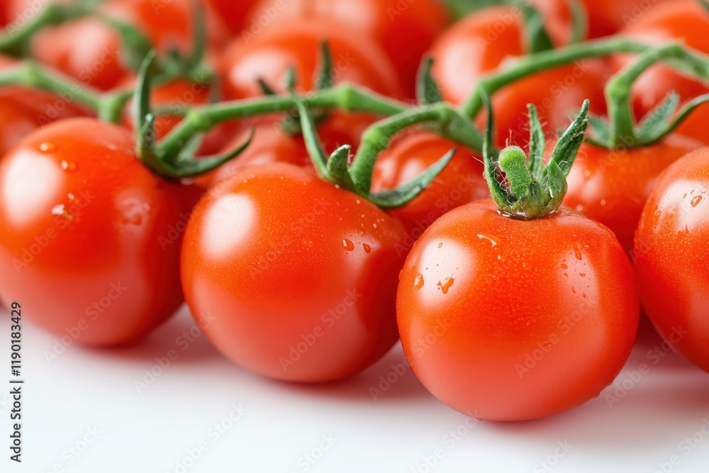 Fresh tomatoes gleam on the vine, adorned with glistening water droplets, showcasing their vibrant color and natural beauty. Fresh tomatoes gleam on the vine, adorned with glistening water droplets, showcasing their vibrant color and natural beauty.