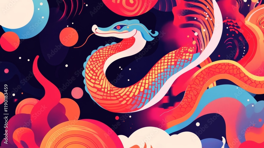 Fototapeta premium Chinese New Year vector design cards. 2025 year of the Snake. Lunar new year concept. Geometric modern vector with abstract forms, gradients, snakes. Design for calendar, cover, flyer.