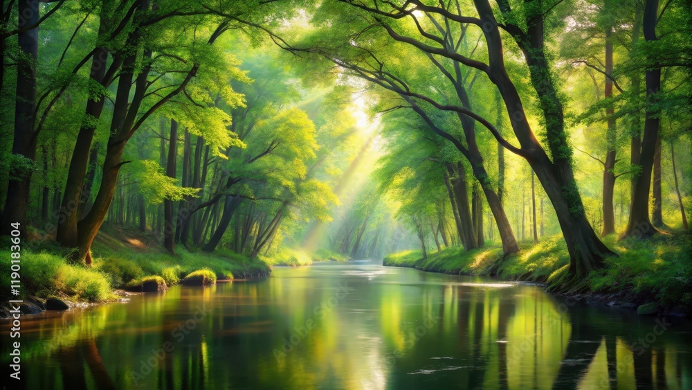 Serene River Reflecting Sunlight Through Lush Green Canopy of Trees in a Tranquil Forest Serene River Reflecting Sunlight Through Lush Green Canopy of Trees in a Tranquil Forest