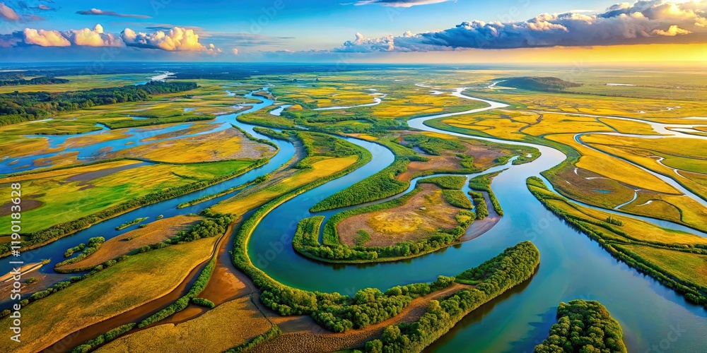 Aerial View of River Delta Convergence, Intricate Patterns, Copy Space