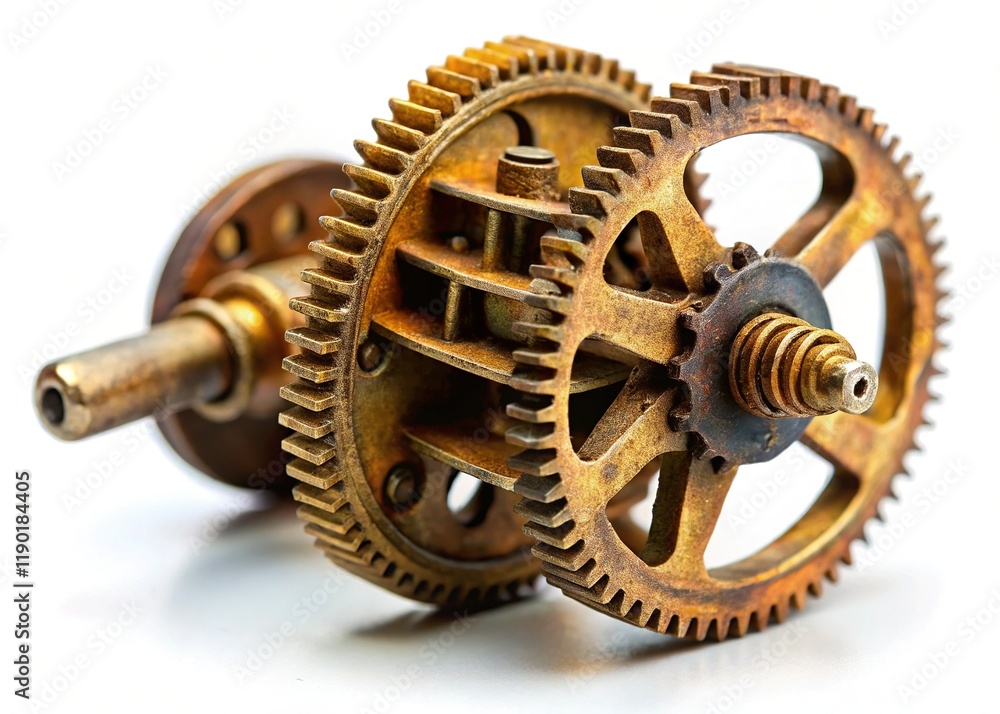 Antique Bronze Mechanism Parts, Broken Gears, Isolated White Background Antique Bronze Mechanism Parts, Broken Gears, Isolated White Background