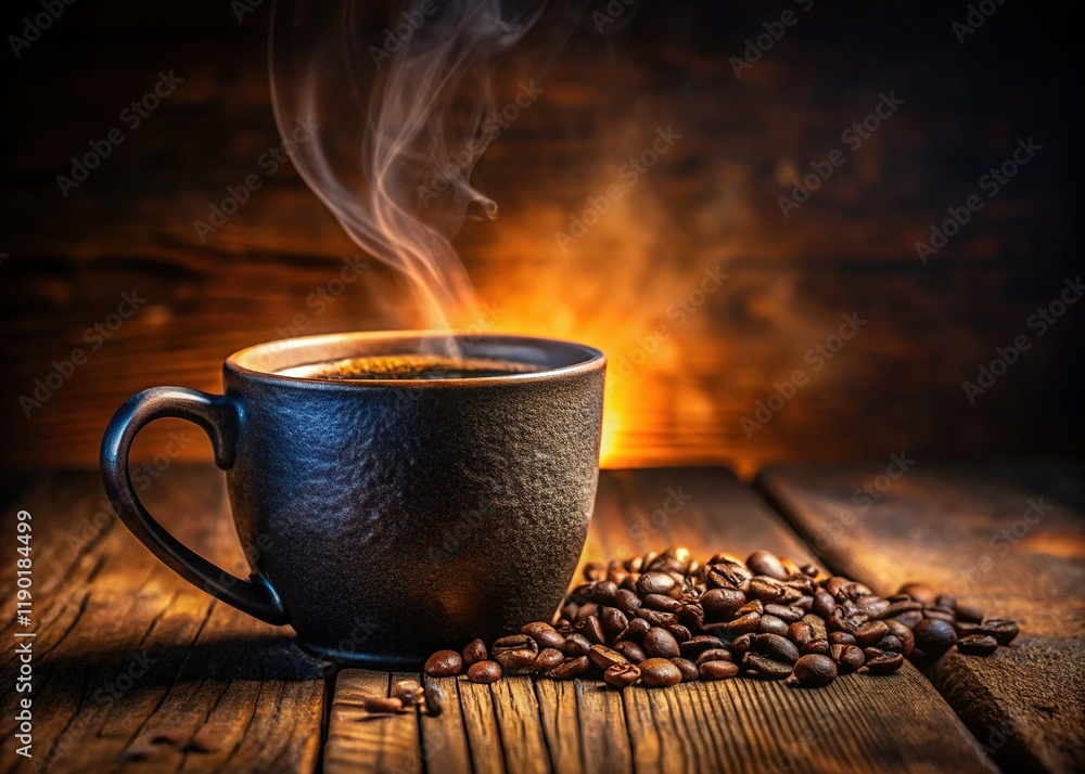 Fototapeta premium Aromatic Black Coffee in Rustic Ceramic Mug - Copy Space