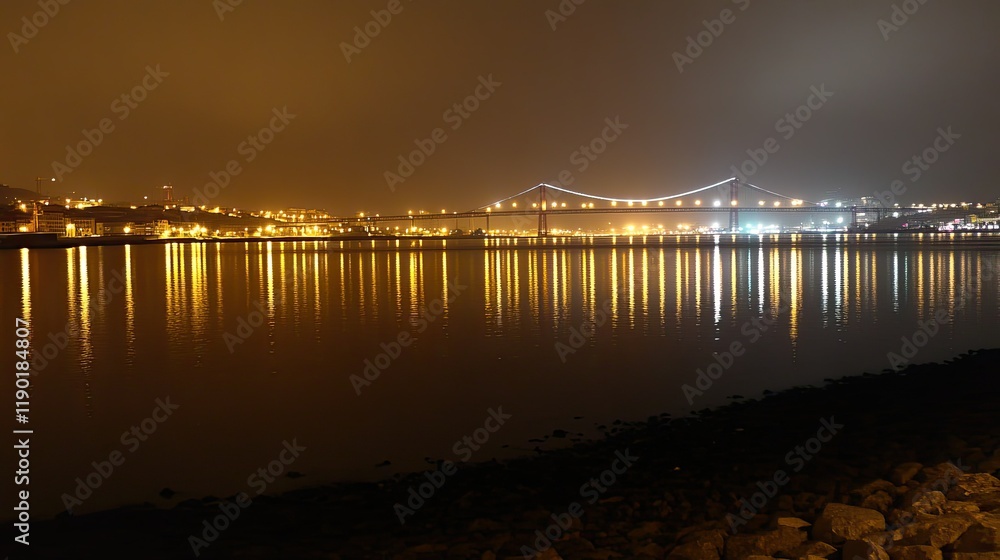 Obraz premium Serene Night View of a Bridge Illuminated by City Lights Reflection