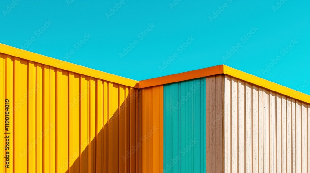 Modern Architectural Design Featuring Vibrant Colors with Angular Shapes Against a Bright Blue Sky and Minimalistic Structure Elements