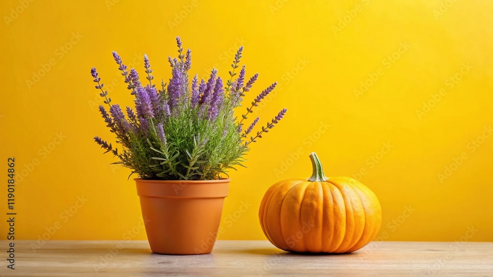 custom made wallpaper toronto digitalAutumn Harvest: Lavender & Pumpkin on Yellow Background - Stock Photo