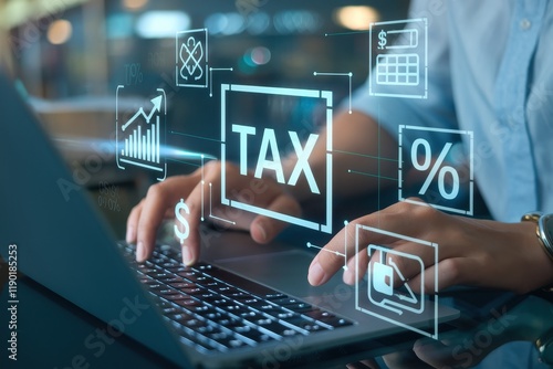 Person filing taxes online using laptop technology