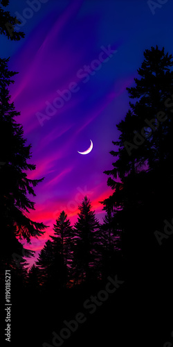 A crescent moon in a vibrant purple and red sky, with silhouetted pine trees in the foreground