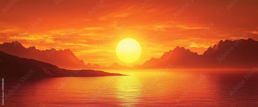 Fiery Sunset over Mountains and Calm Ocean Waters: A Serene Landscape Fiery Sunset over Mountains and Calm Ocean Waters: A Serene Landscape